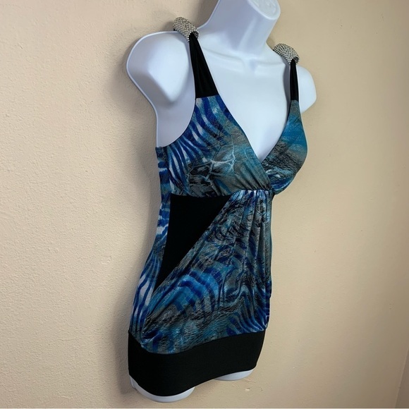 XS Vintage Y2k Blue Silver Shimmer Sleeveless Stretch Blouse Extra Small - Picture 2 of 7